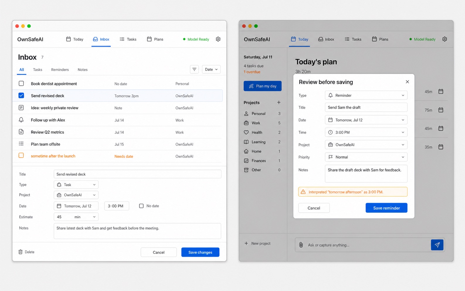 OwnSafeAI Inbox and reminder review dialog