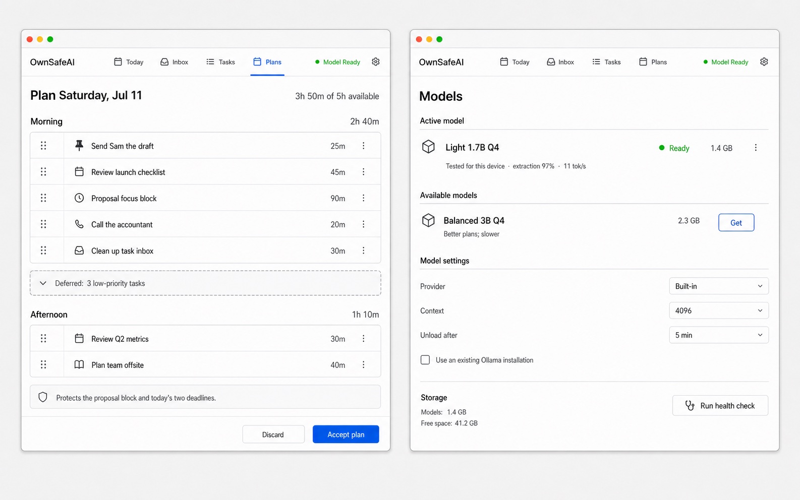 OwnSafeAI daily plan and local model controls