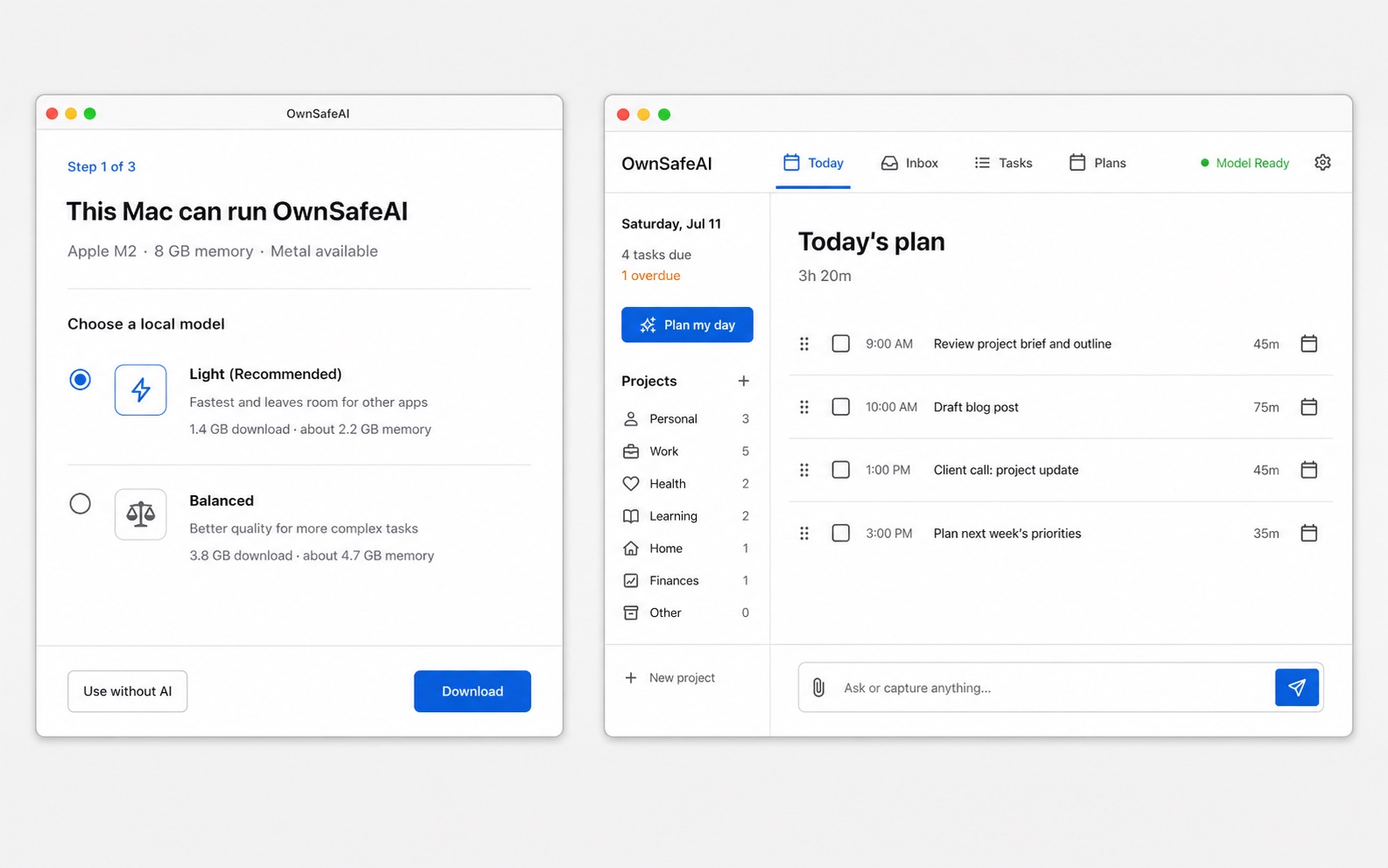 OwnSafeAI setup and Today planning workspace